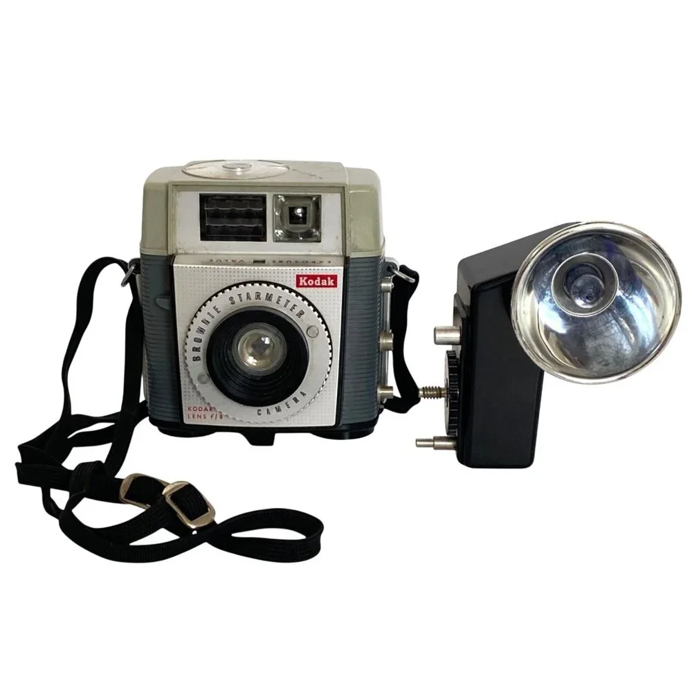 Kodak Brownie Starmeter Camera With Flash Attachment and Carry Strap 1960s Vtg